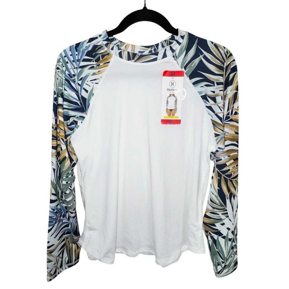 Hurley Women's Rash Guard Swim Shirt White Floral Long Sleeve Surf Top  UPF50+ M